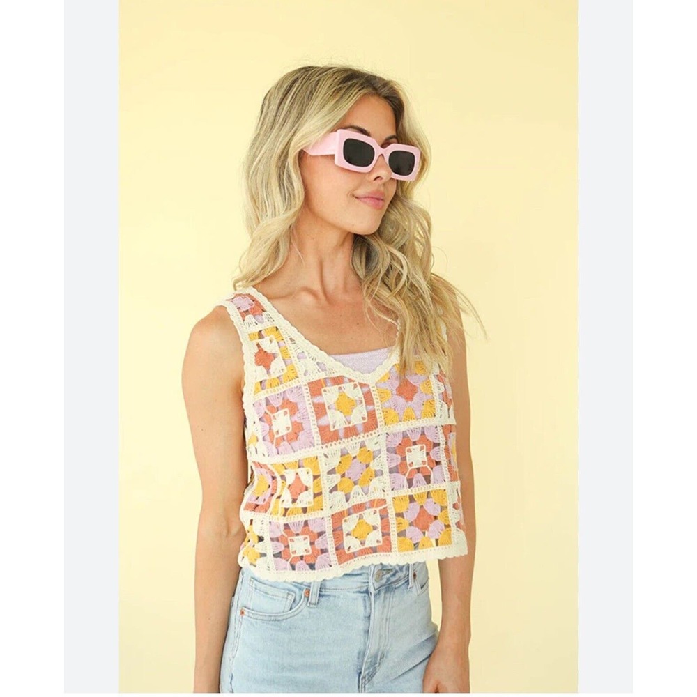 New Rebellion Again Women's Crochet Patchwork Tank Crop Top Pink Yellow Purple M